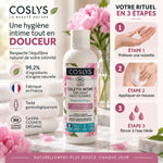 Soin intime bio Coslys 100ml avec guide d'utilisation en 3 étapes et certifications naturelles
