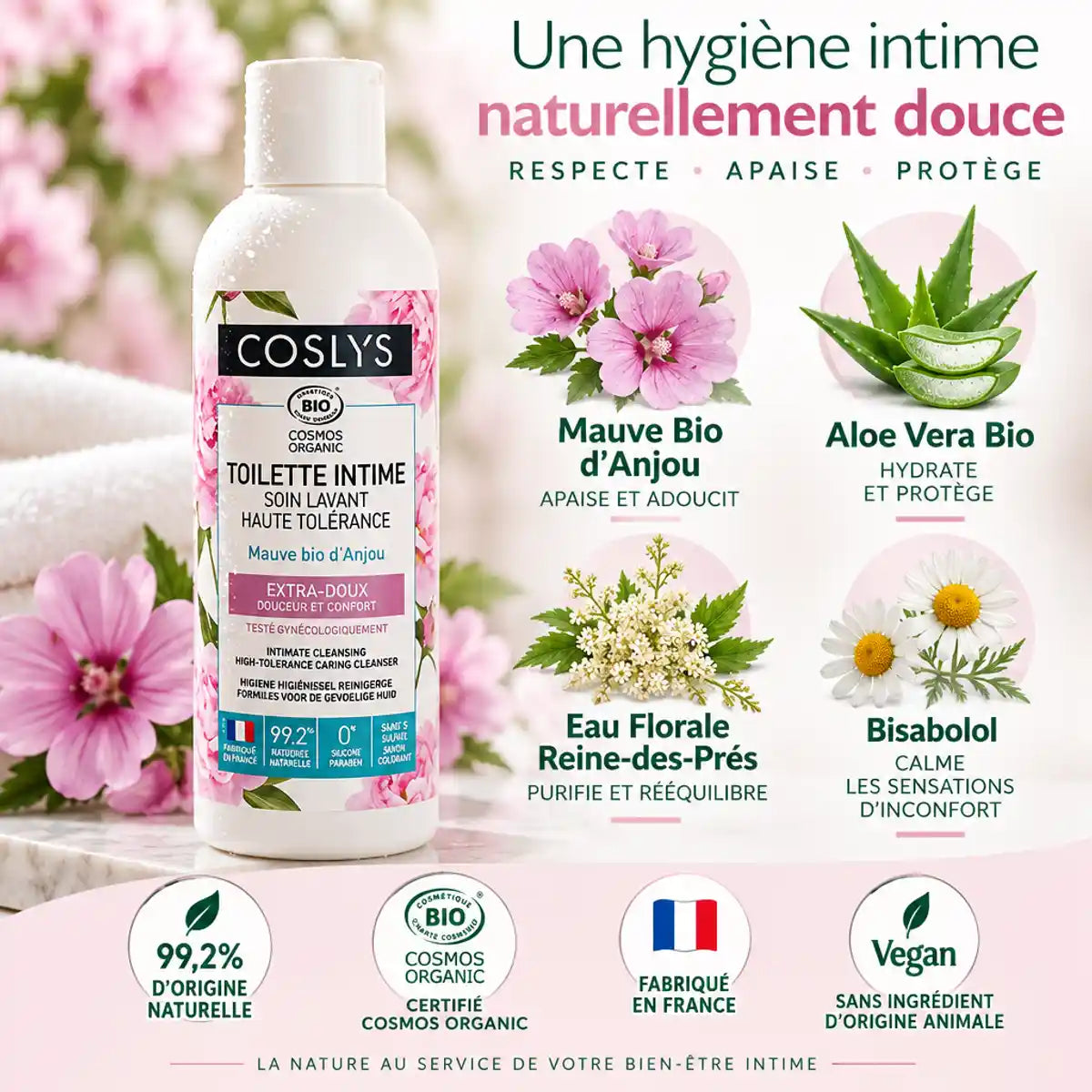Flacon Coslys soin intime bio 100ml avec ingrédients naturels et certifications COSMOS ORGANIC