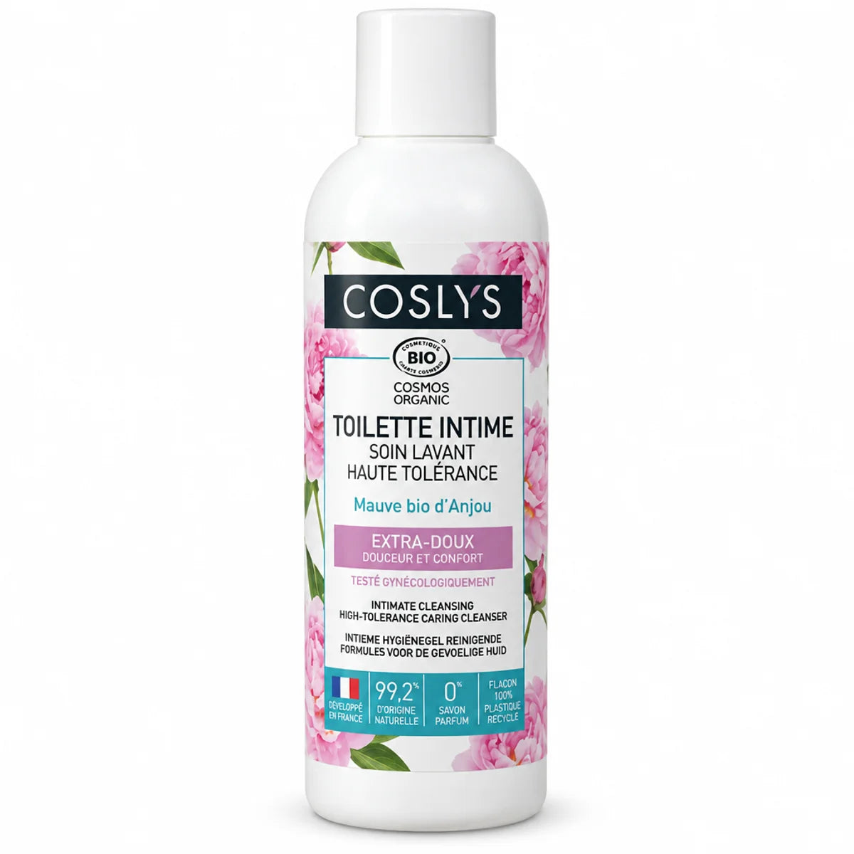 Flacon de soin lavant toilette intime bio Coslys 100ml sur fond blanc avec label certifié