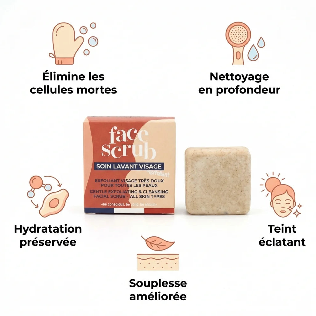 Face Scrub Lamazuna avec infographie des 5 bénéfices pour peau éclatante et hydratée