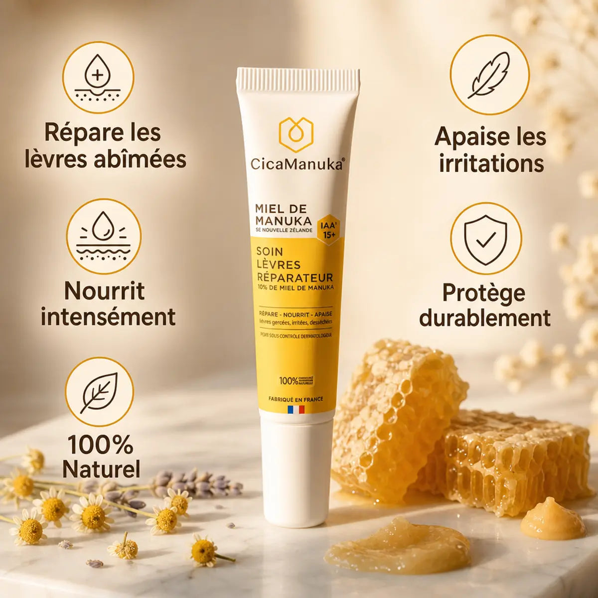 Soin lèvres CicaManuka miel manuka 10% IAA15+ 15ml avec bénéfices réparation nutrition