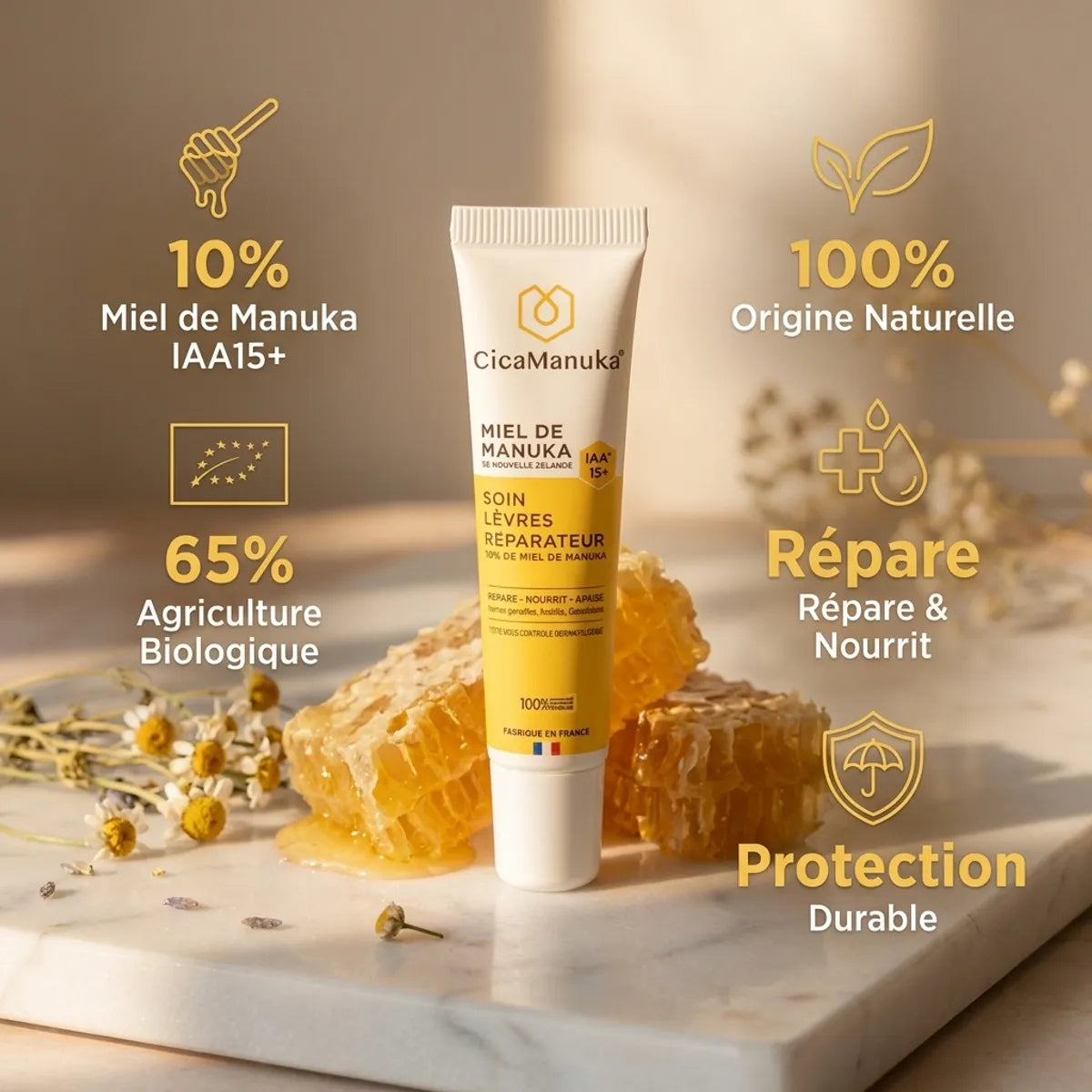 Soin lèvres réparateur CicaManuka 10% miel de manuka IAA15+ 15ml tube blanc