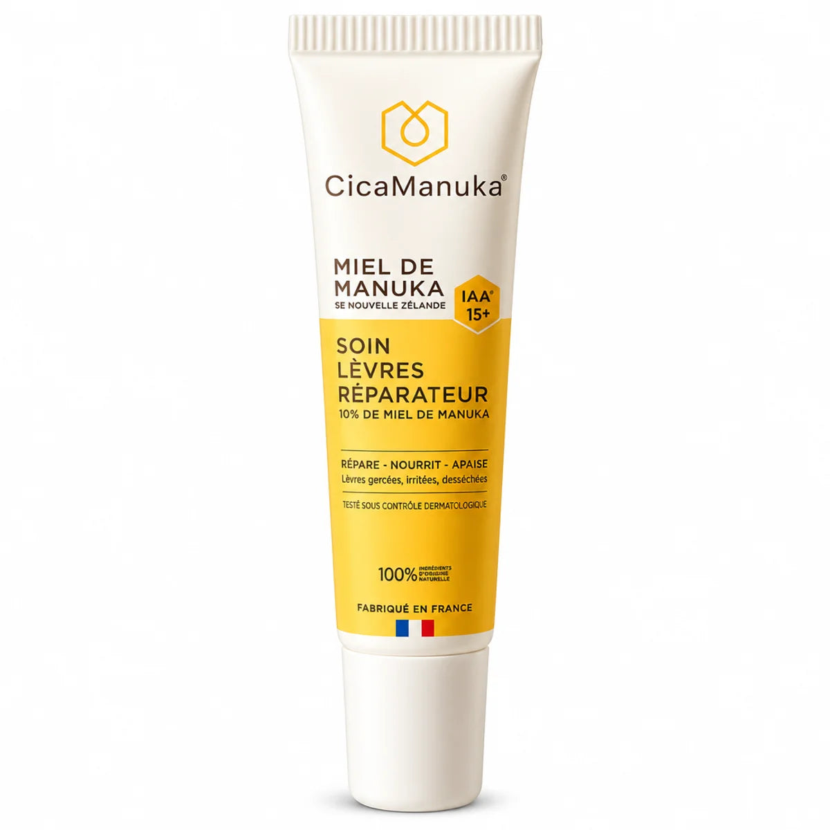 Tube de soin lèvres réparateur CicaManuka Miel de manuka IAA15+ 15ml sur fond blanc