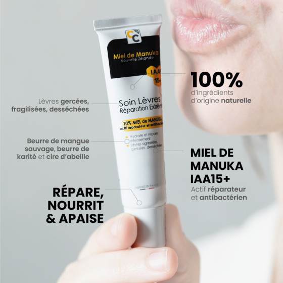Les ingrédients et leurs bienfaits du  soin lèvres réparation extrême bio au miel de Manuka Iaa 15+ de 15 ml de la marque Comptoirs et compagnies