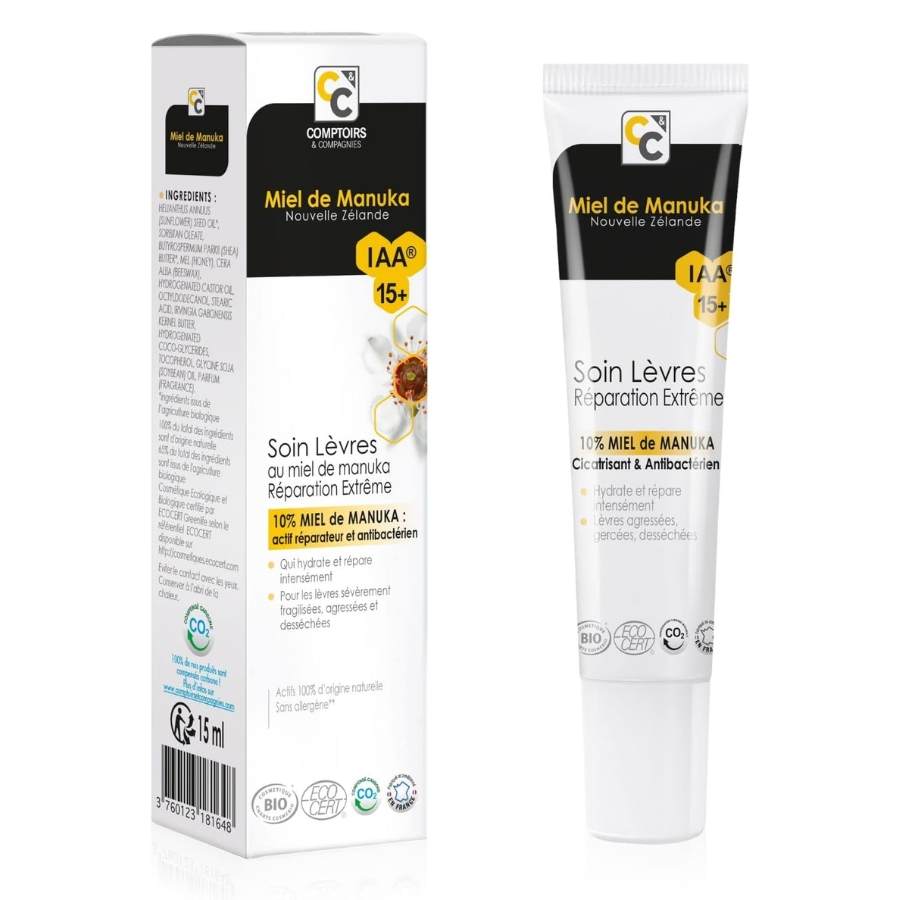 Un  soin lèvres réparation extrême bio au miel de Manuka Iaa 15+ de 15 ml de la marque Comptoirs et compagnies