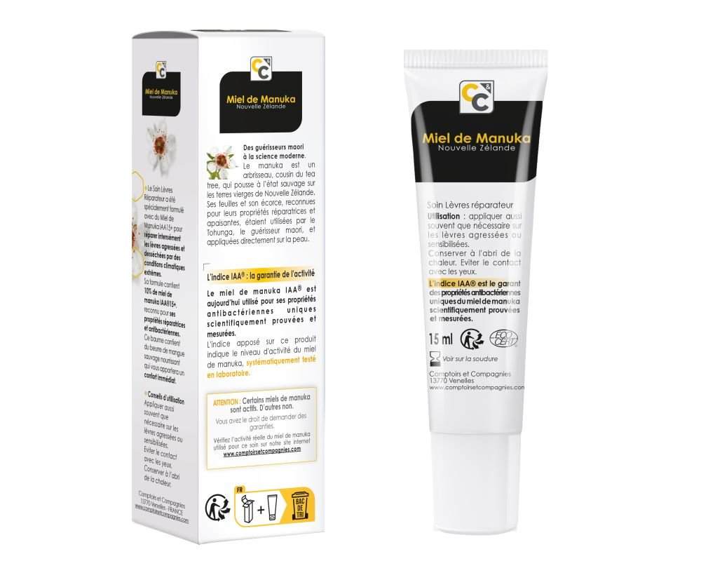 Le verso d'un tube de  soin lèvres réparation extrême bio au miel de Manuka Iaa 15+ de 15 ml de la marque Comptoirs et compagnies