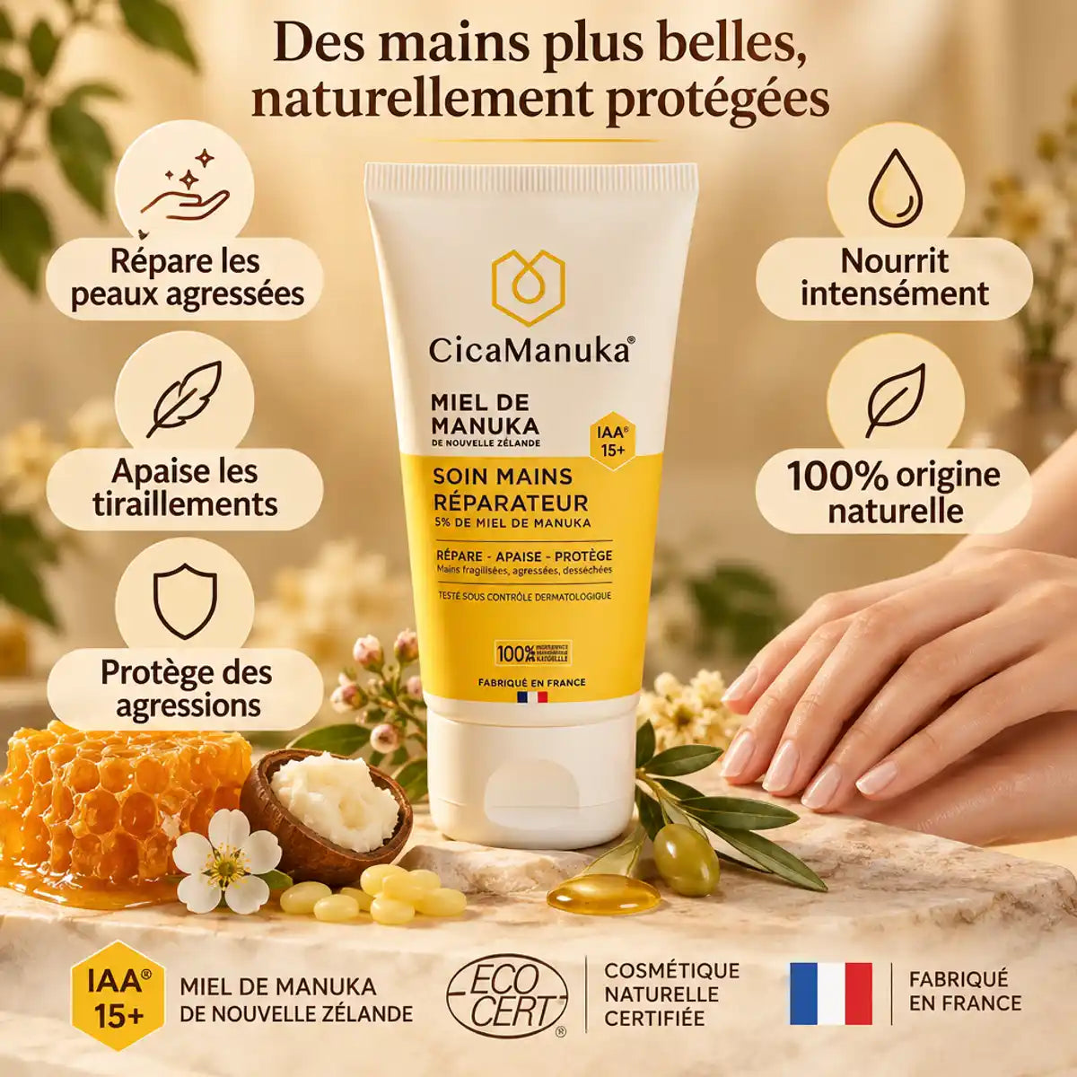 Crème mains réparatrice CicaManuka miel de manuka IAA15+ 50ml avec bénéfices naturels
