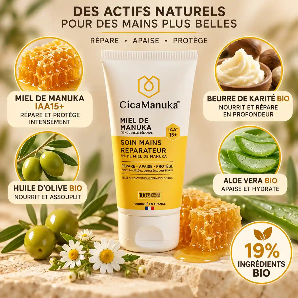 Crème mains réparatrice CicaManuka au miel Manuka IAA15+ avec ingrédients bio naturels