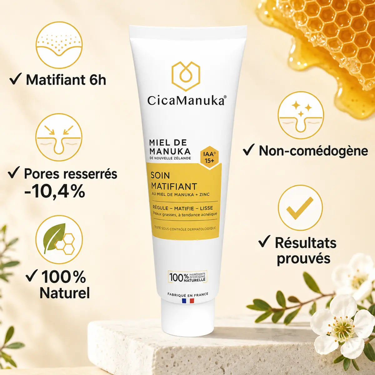 Tube soin matifiant miel manuka CicaManuka 40ml avec bénéfices : matifiant 6h, pores resserrés, naturel