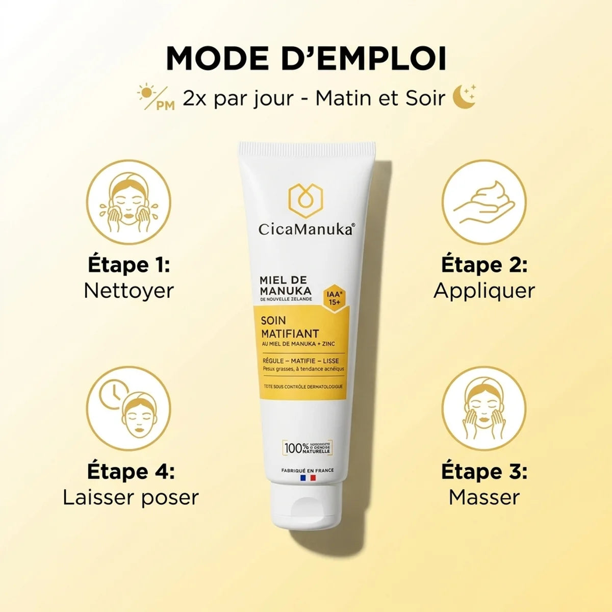 Soin matifiant miel manuka IAA15+ CicaManuka 40ml avec guide d'application en 4 étapes