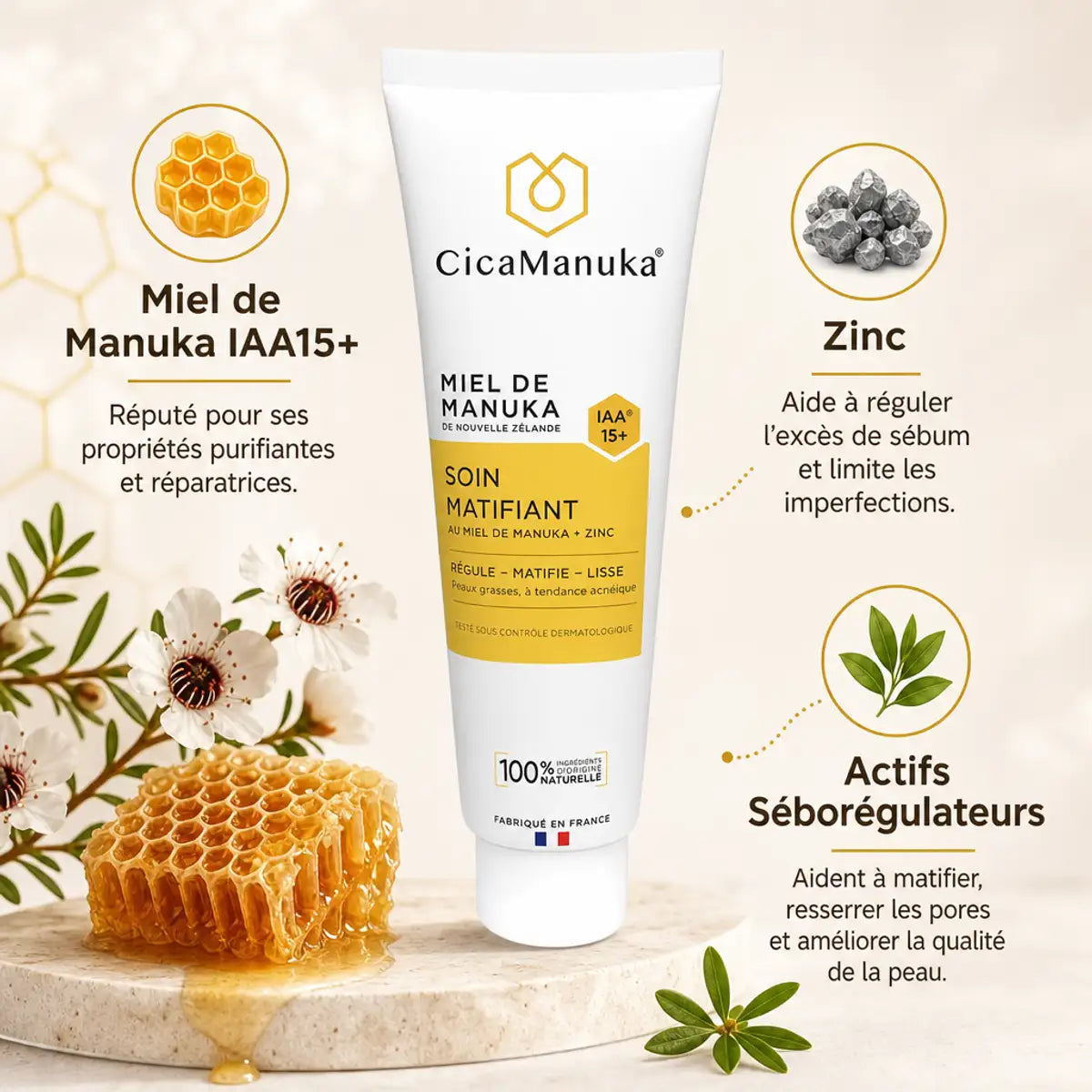 Soin matifiant CicaManuka miel IAA15+ avec zinc et actifs séborégulateurs