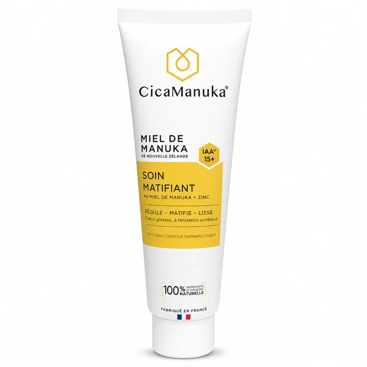 Tube soin matifiant miel de manuka IAA15+ CicaManuka 40ml fond blanc
