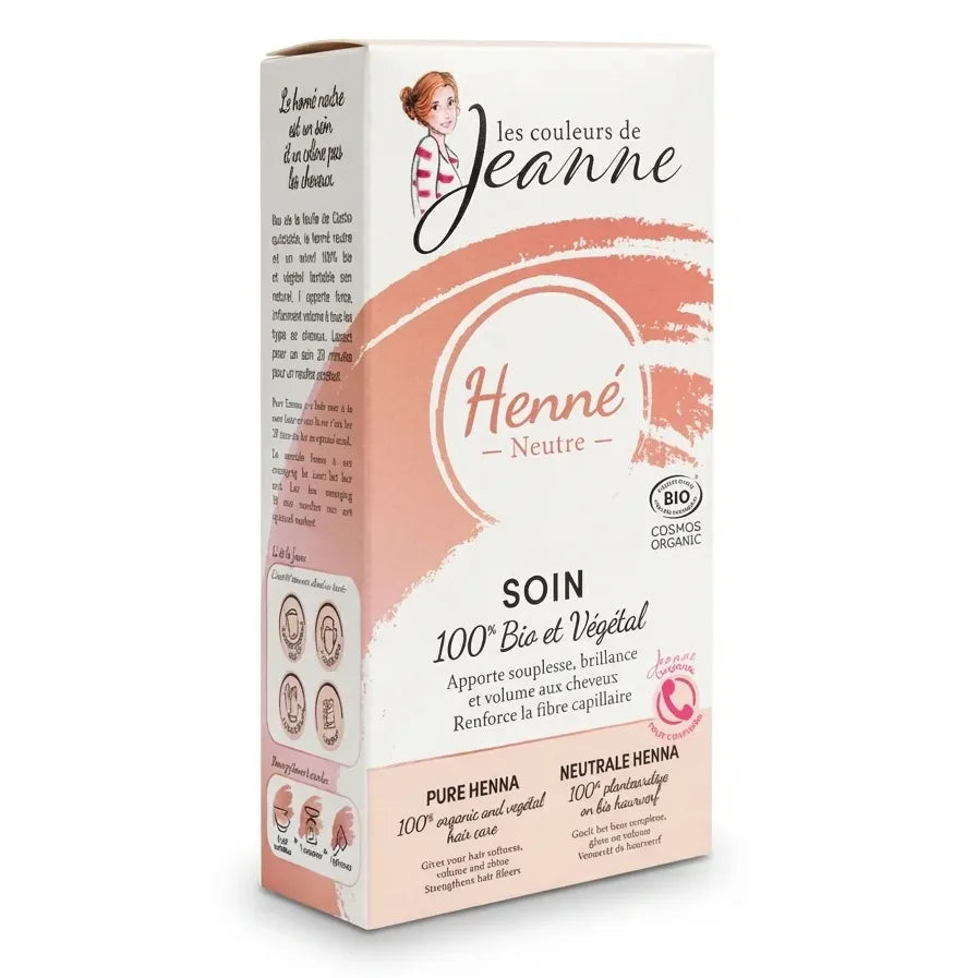 Henné neutre bio Les Couleurs de Jeanne - boîte packaging rose et blanc, soin naturel 100% végétal