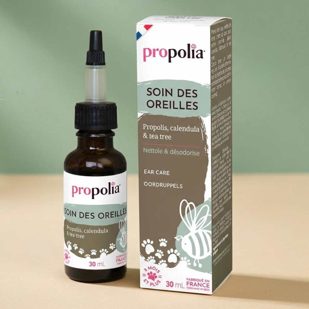 Soin des oreilles pour animaux de 30ml de la marque Propolia, avec propolis, calendula, tea tree.