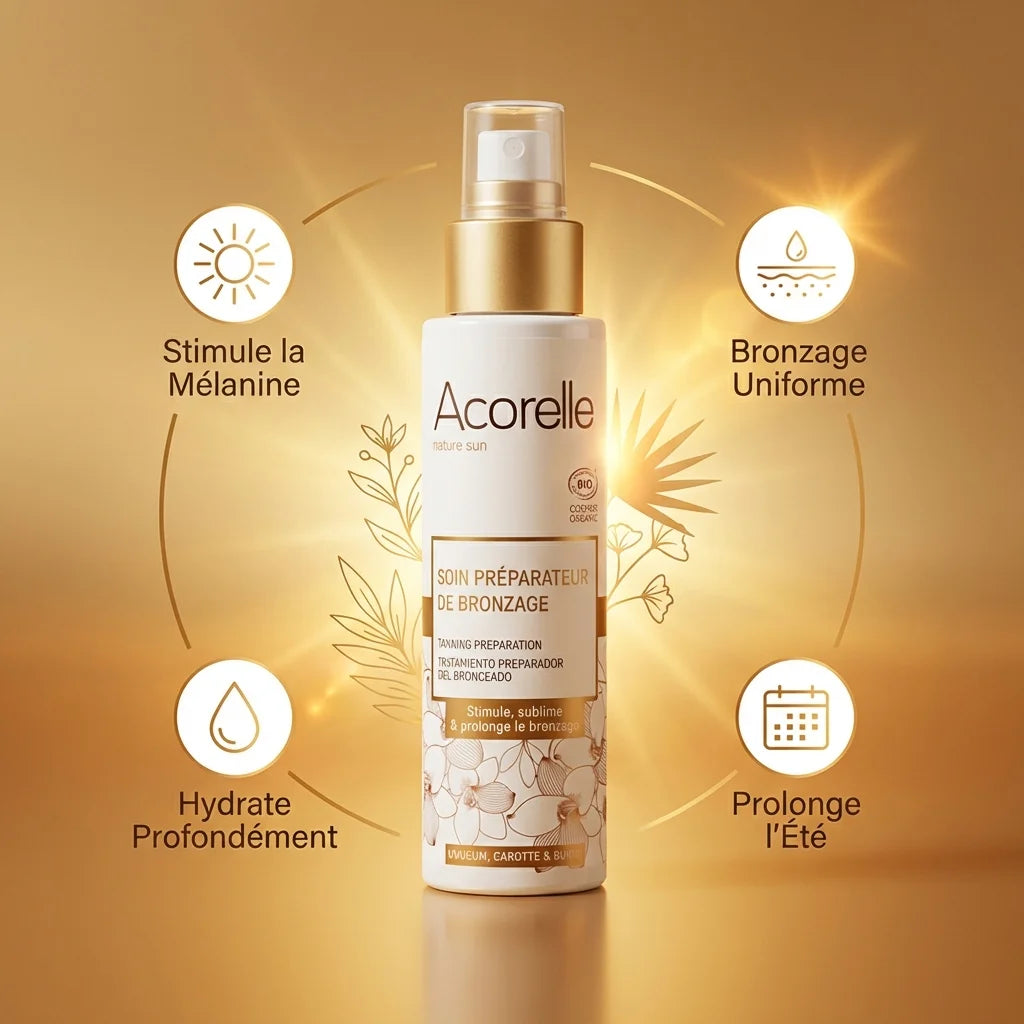 Acorelle Soin Préparateur De Bronzage 100ml avec icônes de bénéfices : stimule mélanine, bronzage uniforme, hydrate