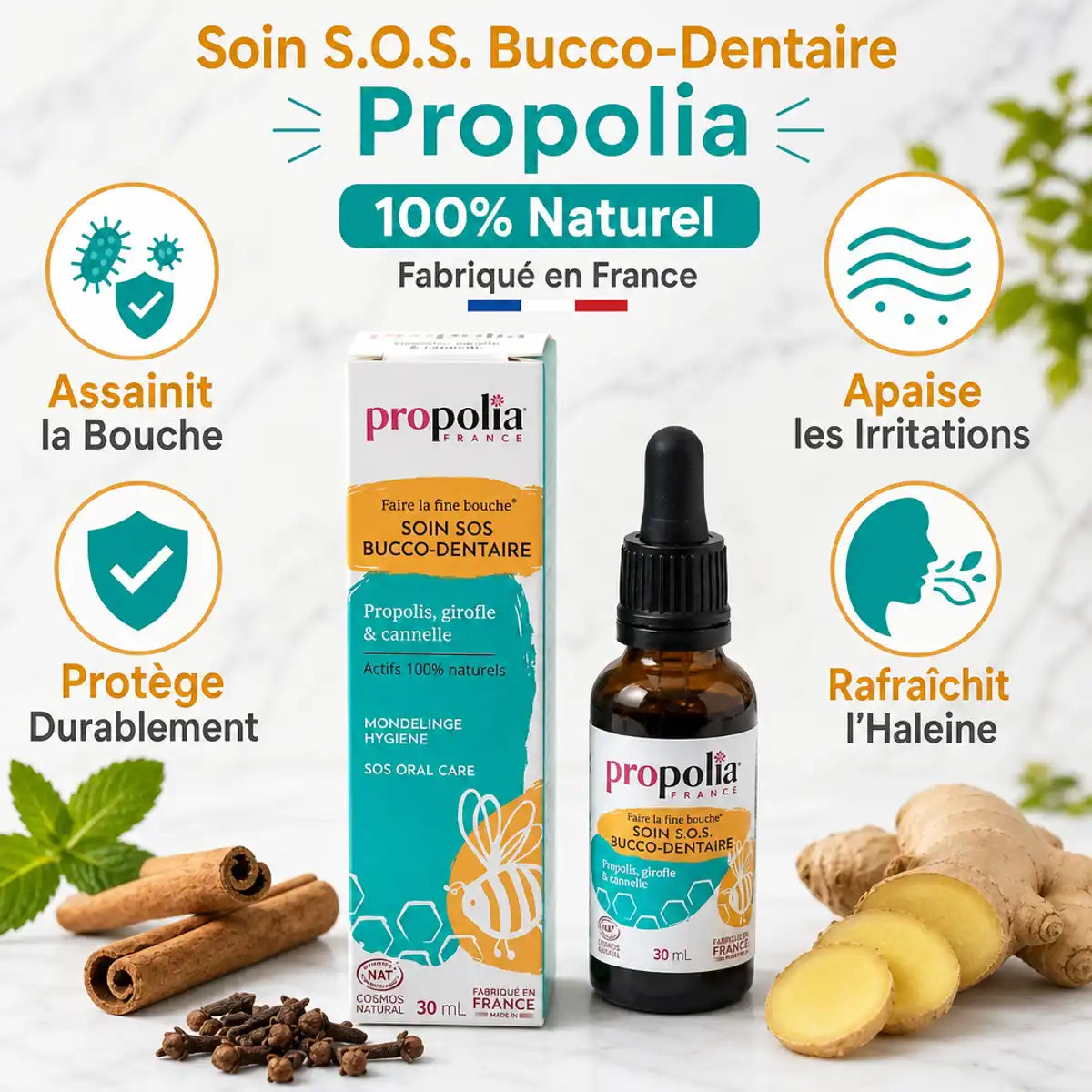 Soin S.O.S. Bucco-Dentaire Propolia 30ml avec ingrédients naturels et bénéfices santé buccale
