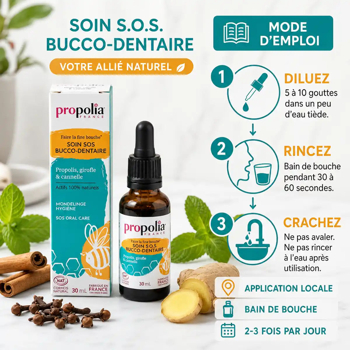 Soin S.O.S. Bucco-Dentaire Propolia 30ml avec mode d'emploi d'application locale et ingrédients naturels