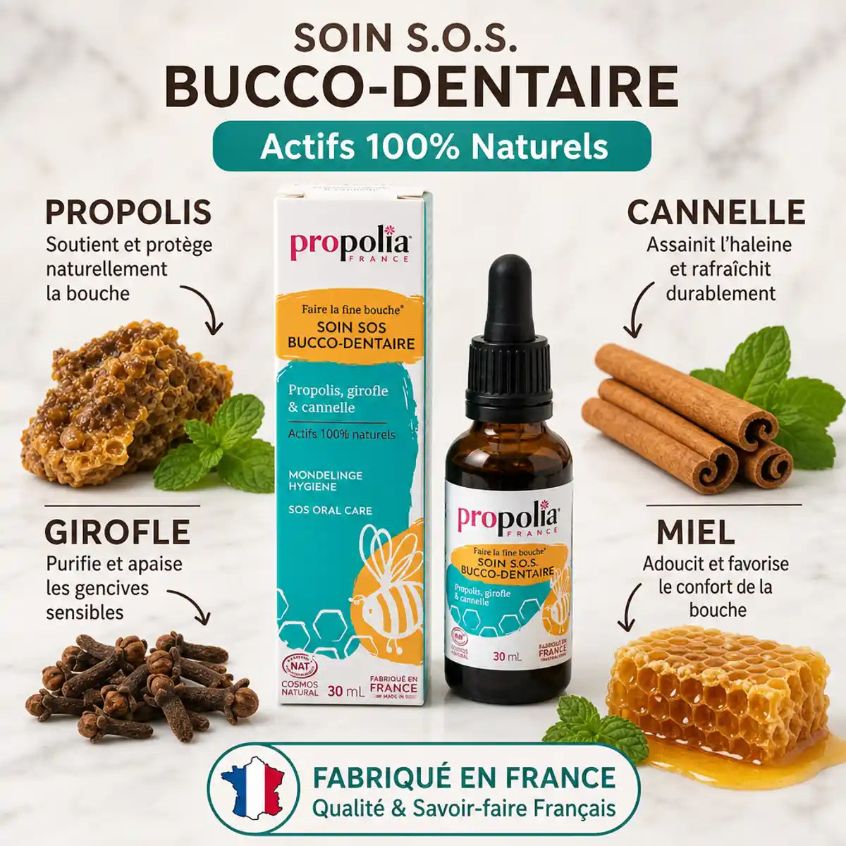 Soin S.O.S. bucco-dentaire Propolia 30ml avec ingrédients naturels: propolis, miel, cannelle et girofle