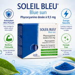 Soleil Bleu Phycocyanine avec infographies bénéfices antioxydant et immunité sur fond blanc