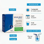 Soleil Bleu Phycocyanine avec posologie : 1 ampoule matin à jeun, cure 21 jours, Jade Recherche