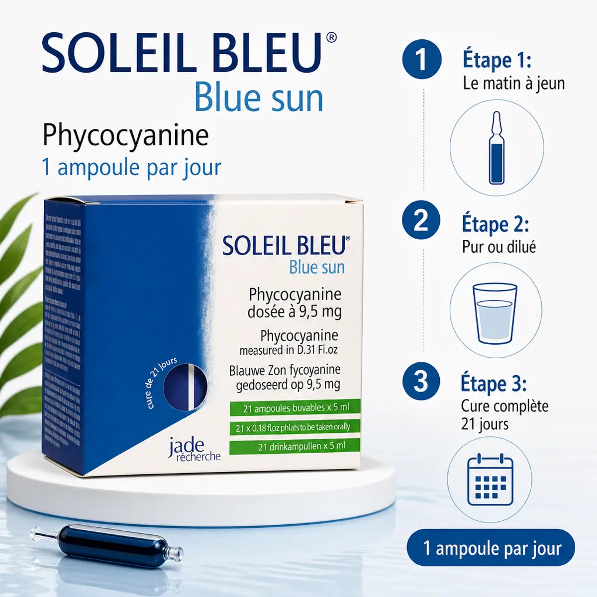 Soleil Bleu Phycocyanine Jade Recherche - Packaging avec guide d'utilisation 21 jours