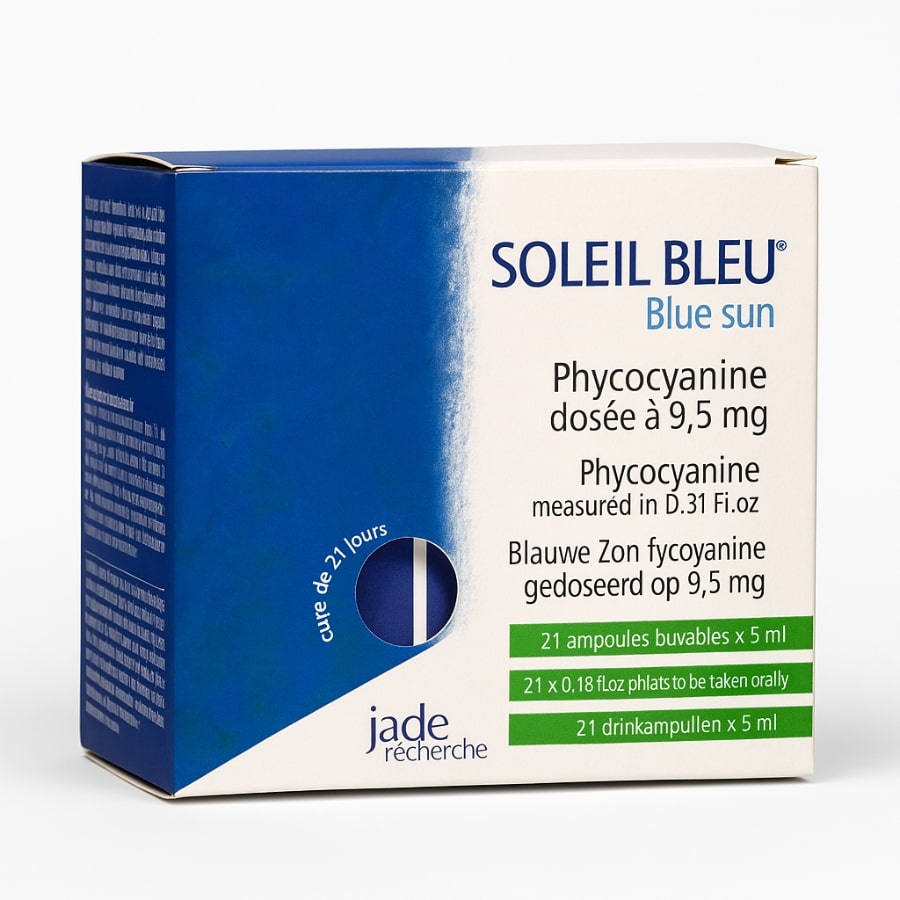 Une boite de 21 ampoules de Soleil bleu Phycocyanine de Jade Recherche