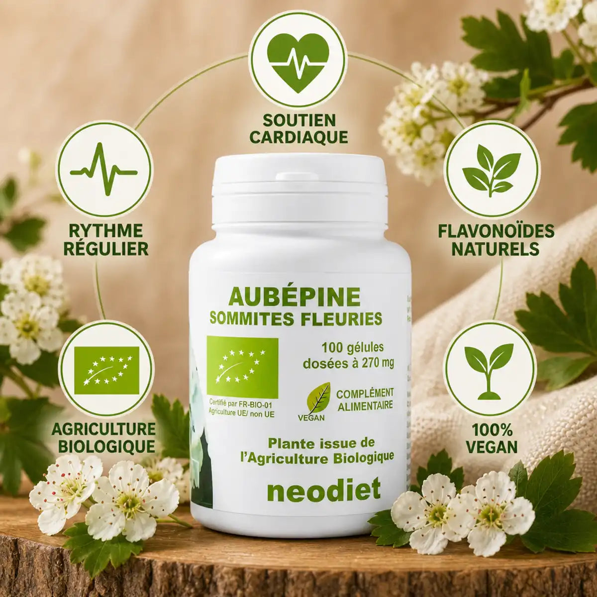 Aubépine Sommités Fleuries 270mg Neodiet - Flacon avec bénéfices cardiaque et vegan