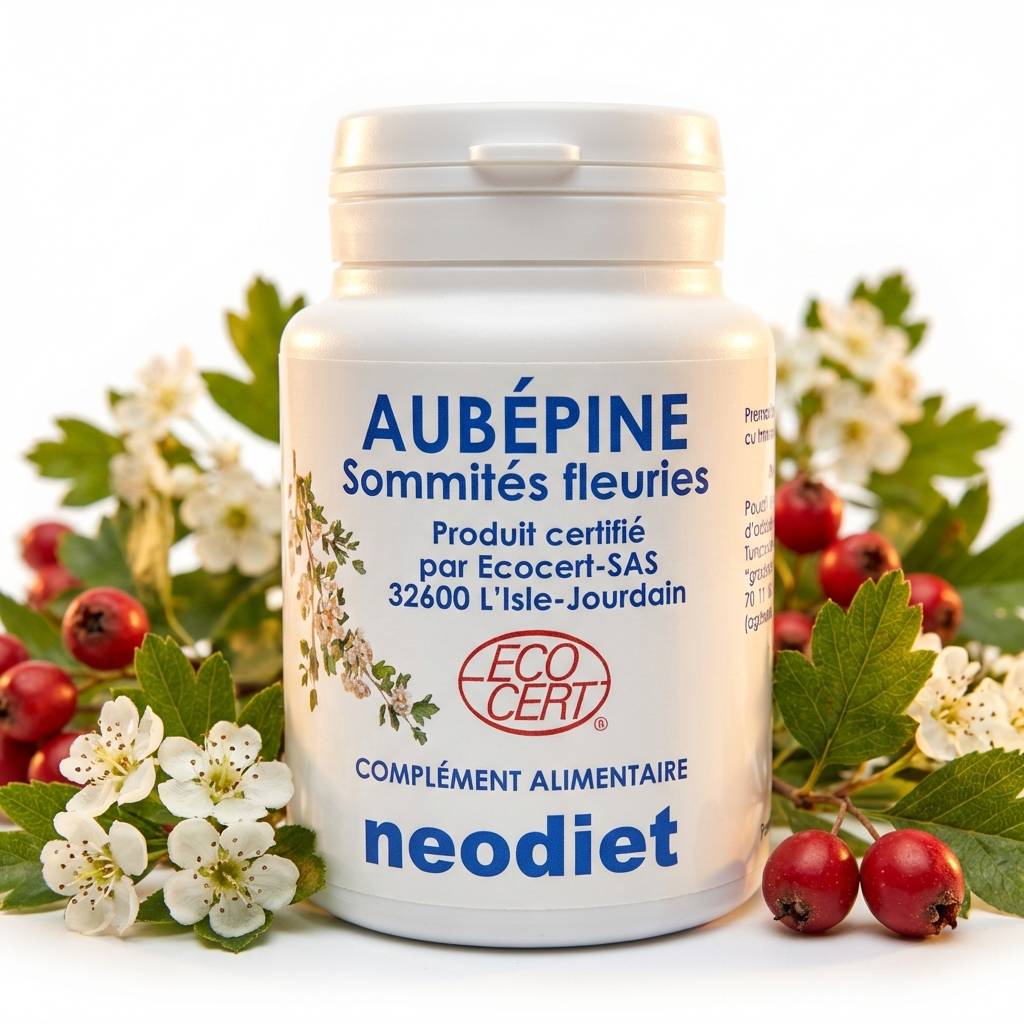 Aubépine Sommités Fleuries 270mg Néodiet - Flacon de 100 gélules avec fleurs et feuilles botaniques