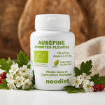 Aubépine Sommités Fleuries 270 mg Néodiet - Flacon de gélules avec fleurs fraîches