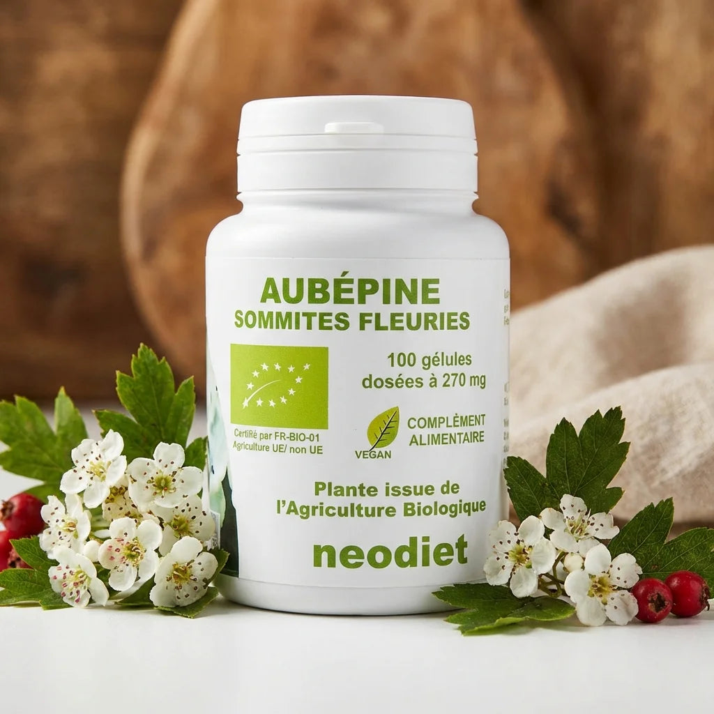 Aubépine Sommités Fleuries 270 mg Néodiet - Flacon de gélules avec fleurs fraîches