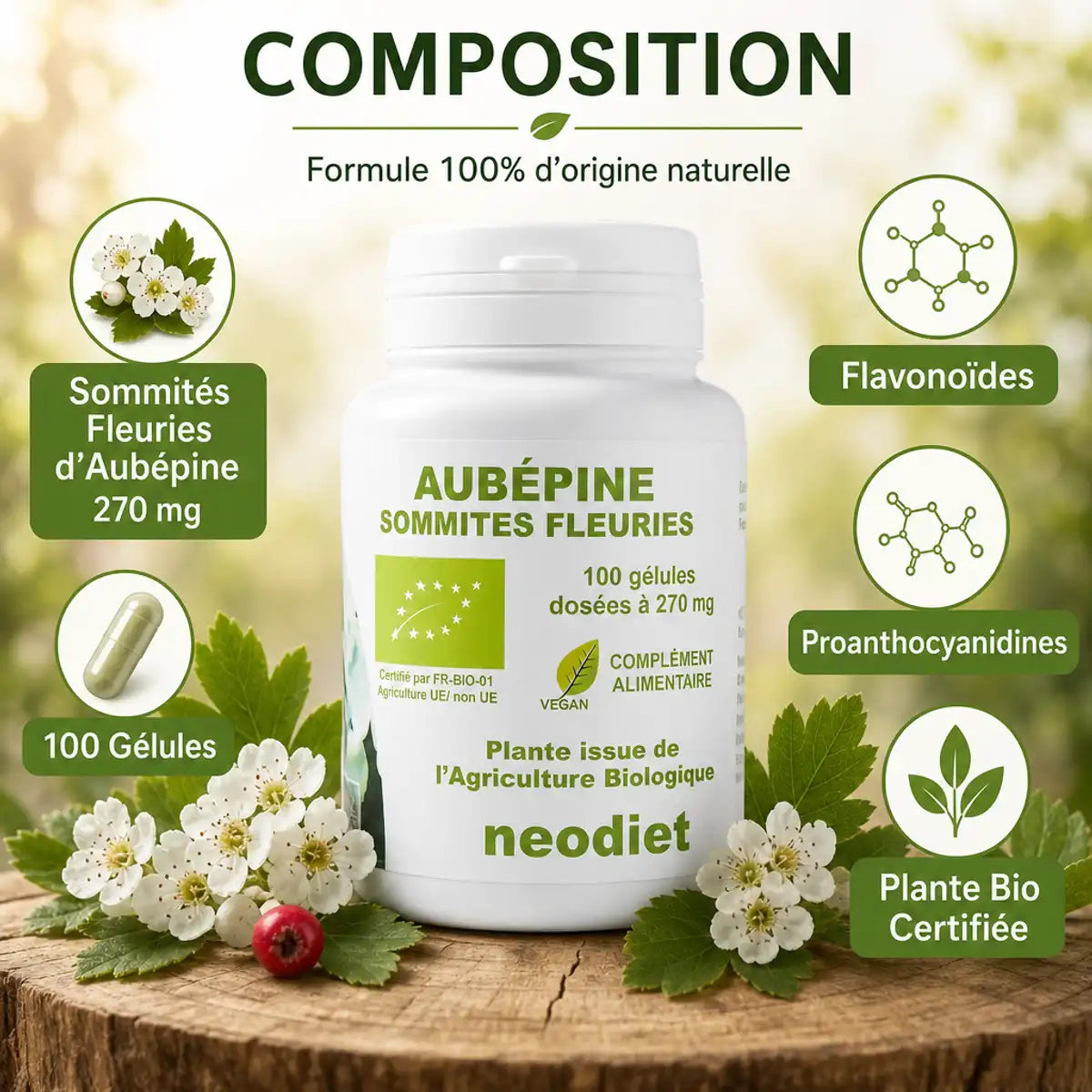 Flacon Neodiet Aubépine 270 mg 100 gélules avec composition botanique et ingrédients naturels certifiés
