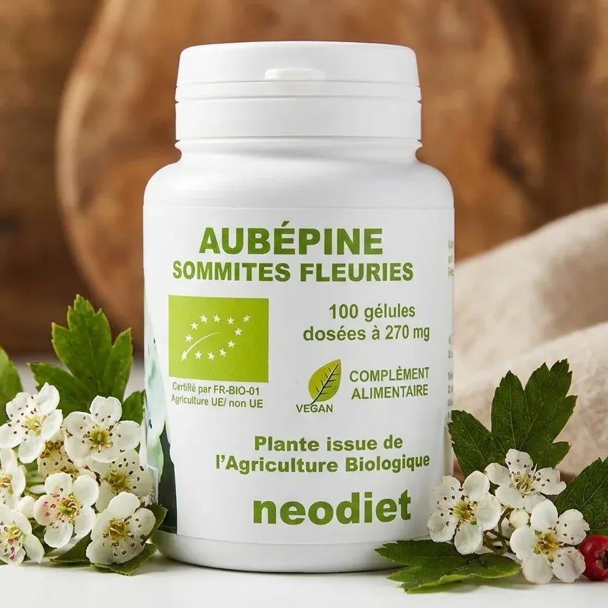 Aubépine Sommités Fleuries 270 mg Néodiet - Flacon de gélules avec fleurs fraîches
