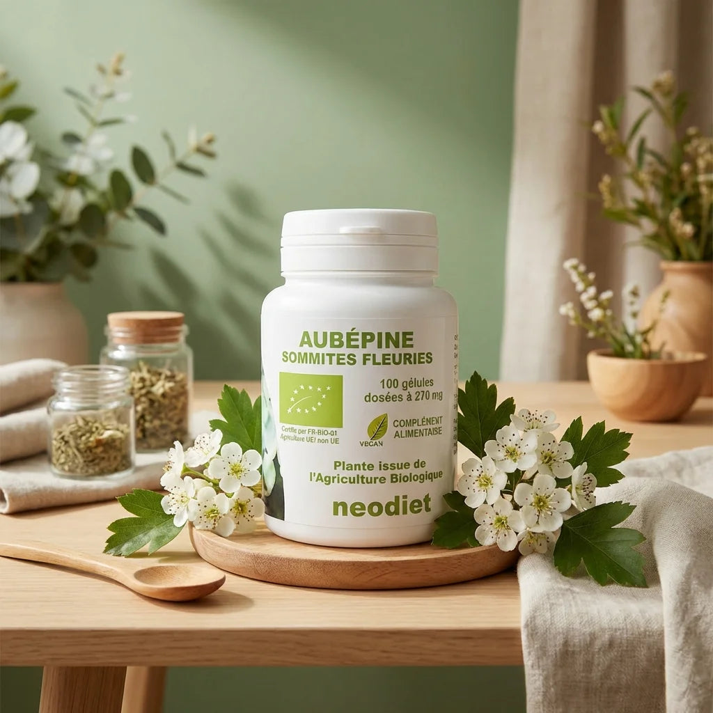 Aubépine 270 mg Néodiet 100 gélules avec fleurs d'aubépine fraîche sur table wellness