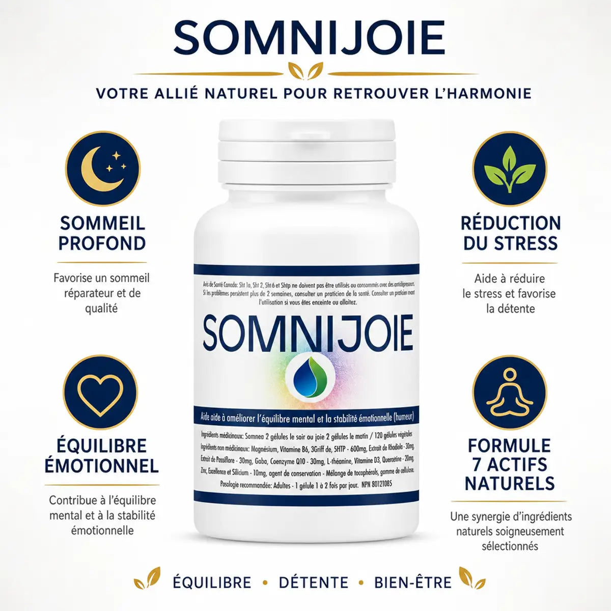 Somnijoie supplément sommeil profond 120 gélules avec bénéfices stress et équilibre émotionnel