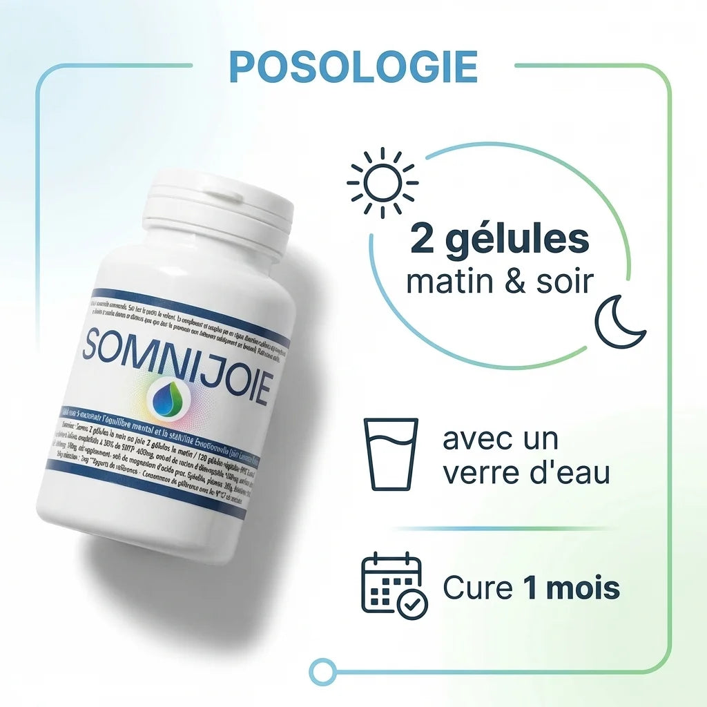 Somnijoie 120 gélules - Complément sommeil profond et stress, posologie 2 gélules matin et soir, cure 1 mois