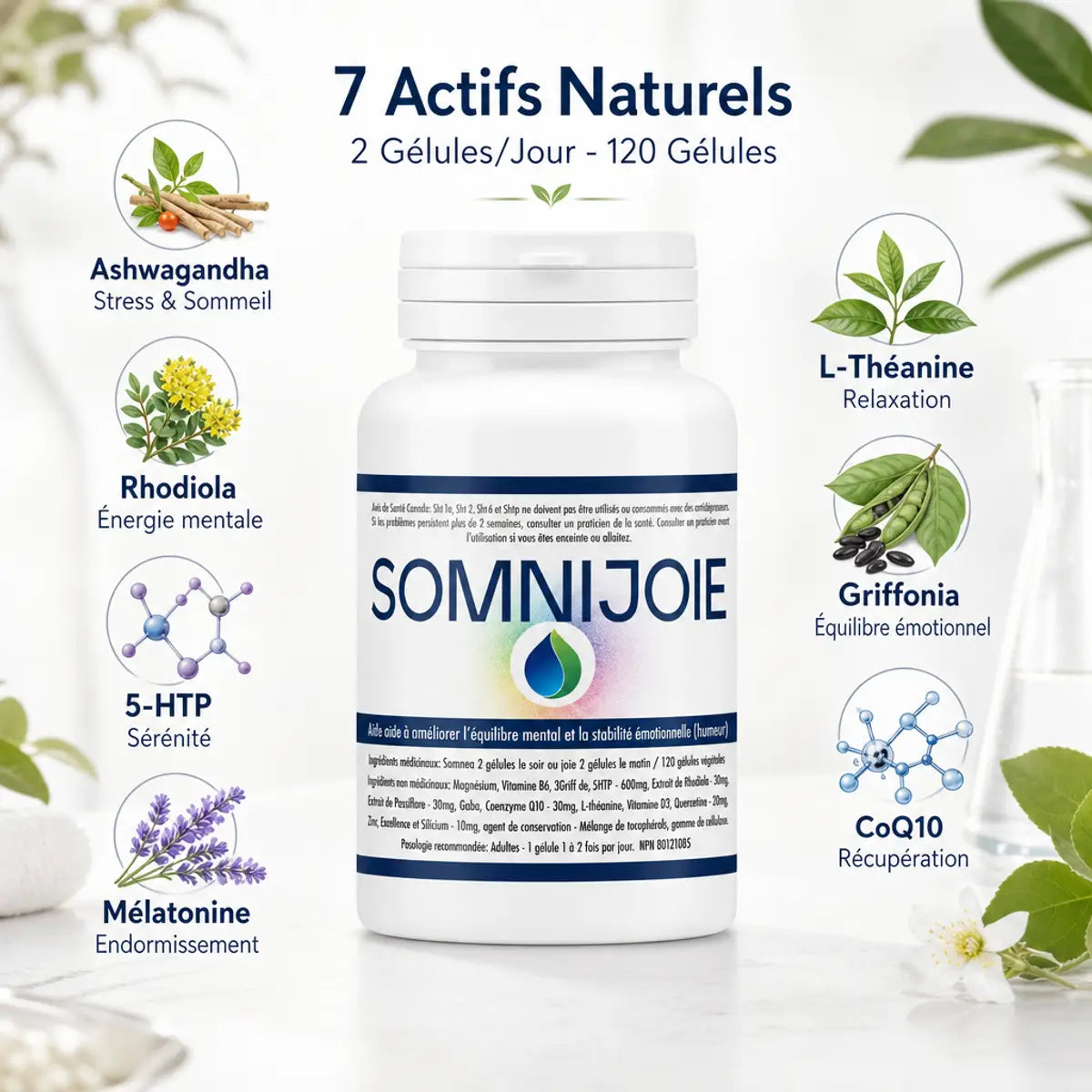SomniJoie complément sommeil 120 gélules avec 7 actifs naturels : Ashwagandha, Mélatonine, 5-HTP et L-Théanine