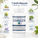 SomniJoie complément sommeil 120 gélules avec 7 actifs naturels : Ashwagandha, Mélatonine, 5-HTP et L-Théanine