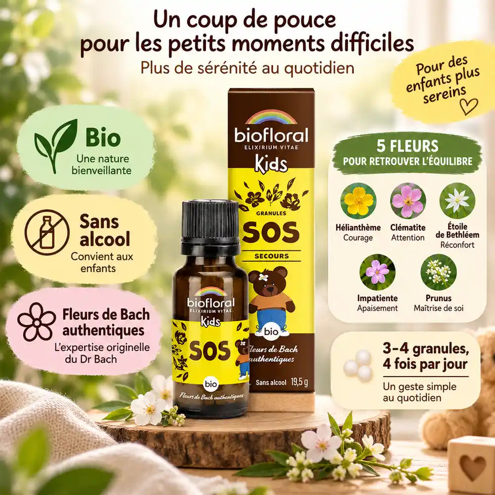 Biofloral SOS Secours granules enfants 19,5g bio, fleurs de Bach authentiques sans alcool