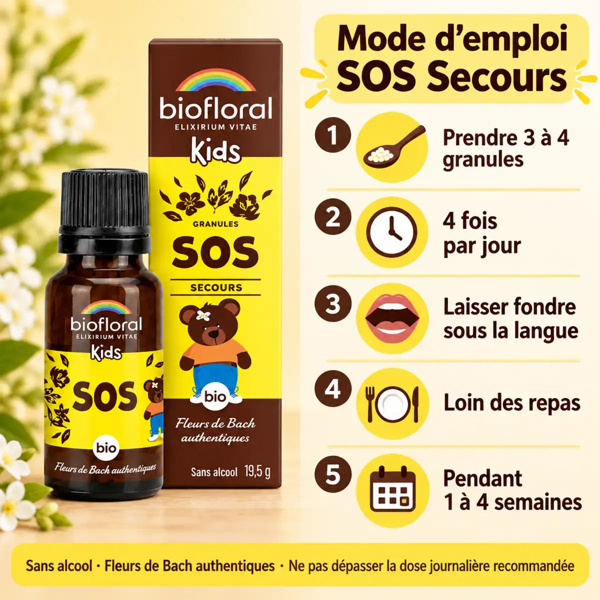 Flacon et boîte SOS Secours Biofloral Kids avec mode d'emploi : granules aux Fleurs de Bach pour enfants