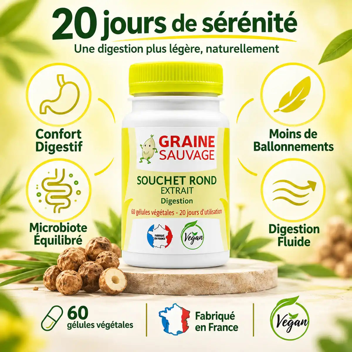 Souchet rond 60 gélules Graine Sauvage - Complément digestif vegan fabriqué en France