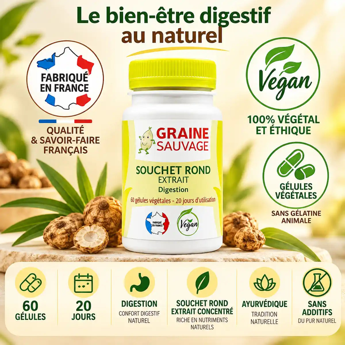 Souchet rond 60 gélules Graine Sauvage - Complément alimentaire vegan fabriqué en France