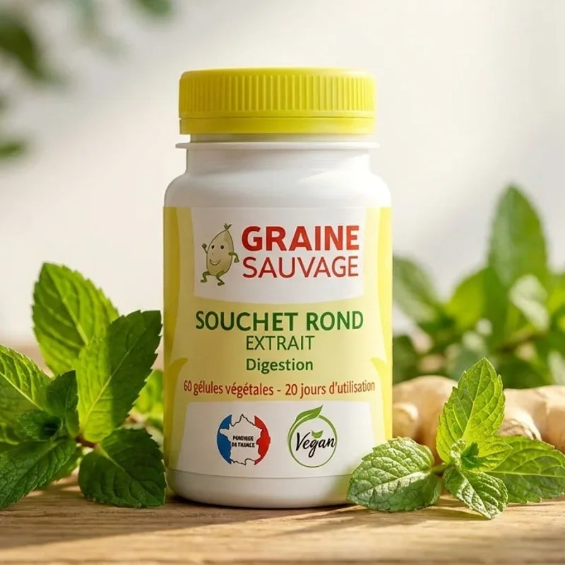 Souchet rond 60 gélules Graine Sauvage avec herbes fraîches et cap jaune sur table bois