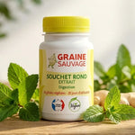 Souchet rond 60 gélules Graine Sauvage avec herbes fraîches et cap jaune sur table bois