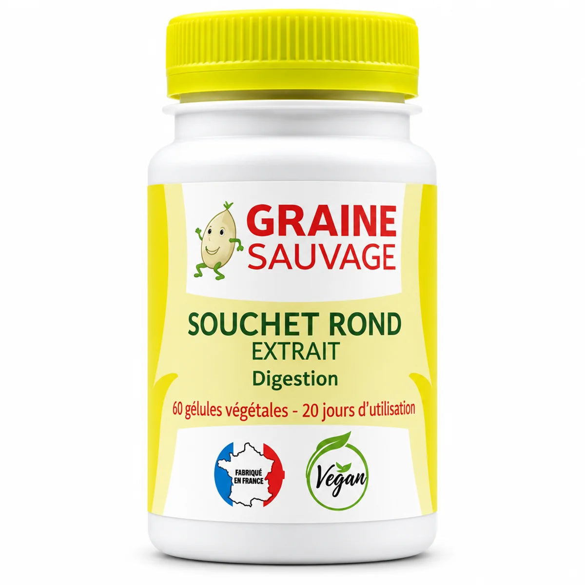 Souchet rond extrait 60 gélules Graine Sauvage - Flacon blanc avec bouchon jaune-vert