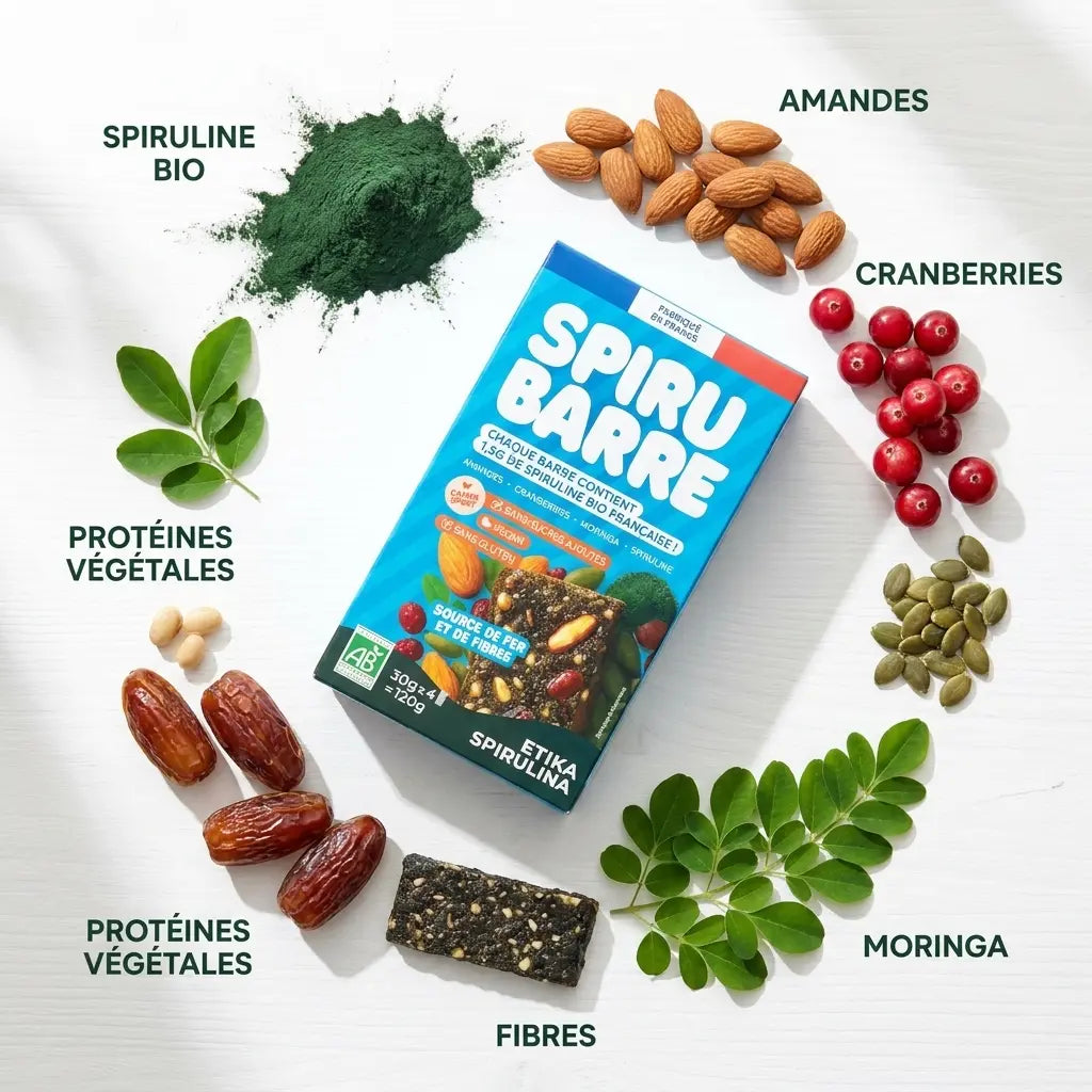 Spirubarre barre spiruline bio avec amandes, cranberries et ingrédients naturels - Etika Spirulina