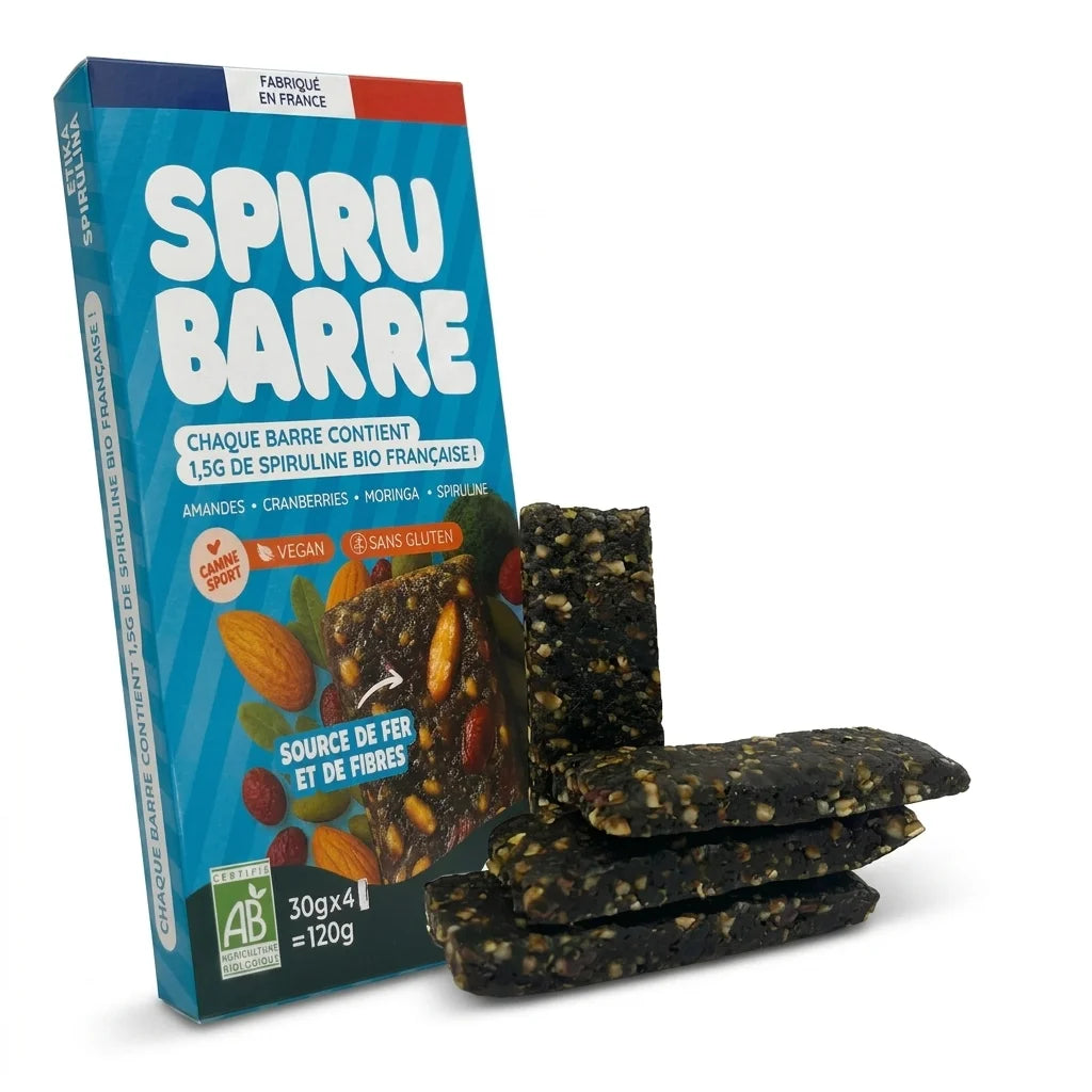 Spirubarre boîte de 4 barres énergétiques à la spiruline bio avec certification AB