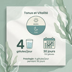 Infographie posologie spiruline bio 120 gélules : 4 gélules jour, cure 30 jours matin soir tonus vitalité