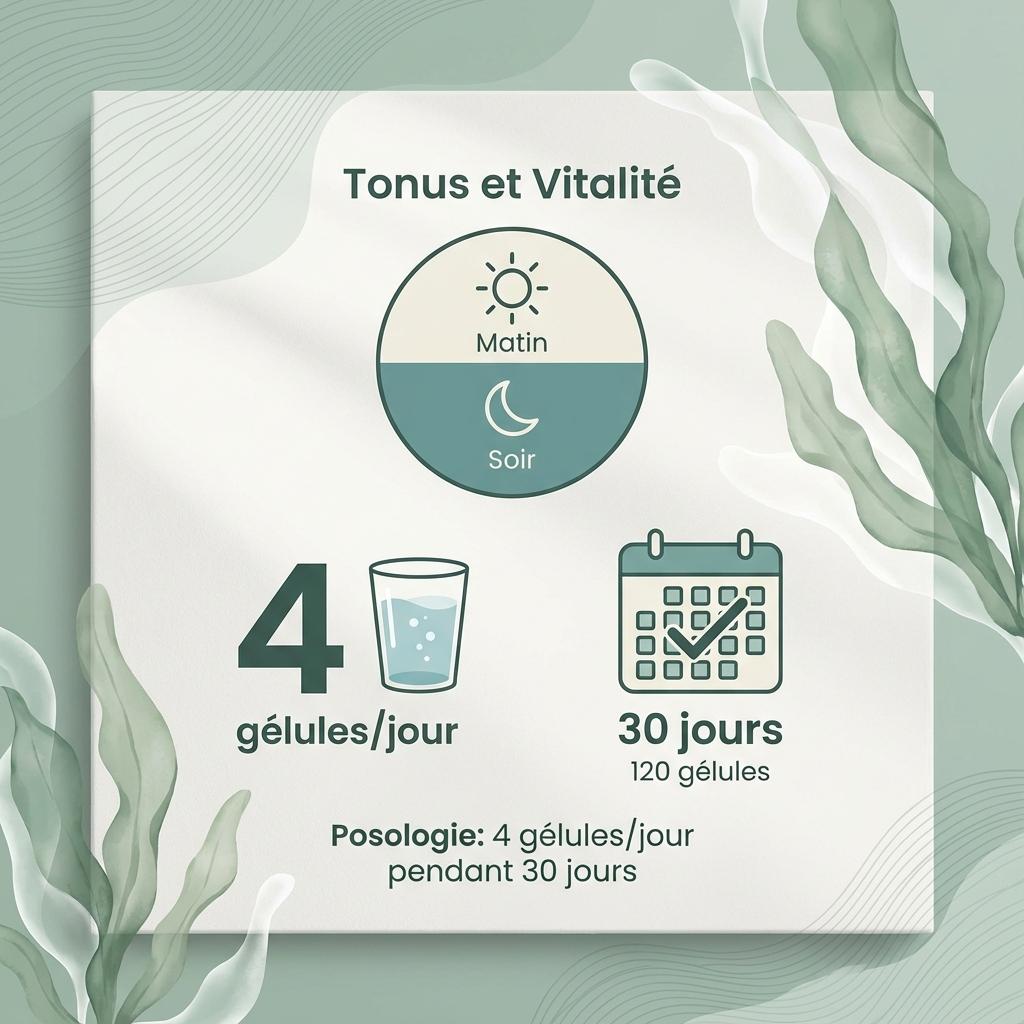 Infographie posologie spiruline bio 120 gélules : 4 gélules jour, cure 30 jours matin soir tonus vitalité