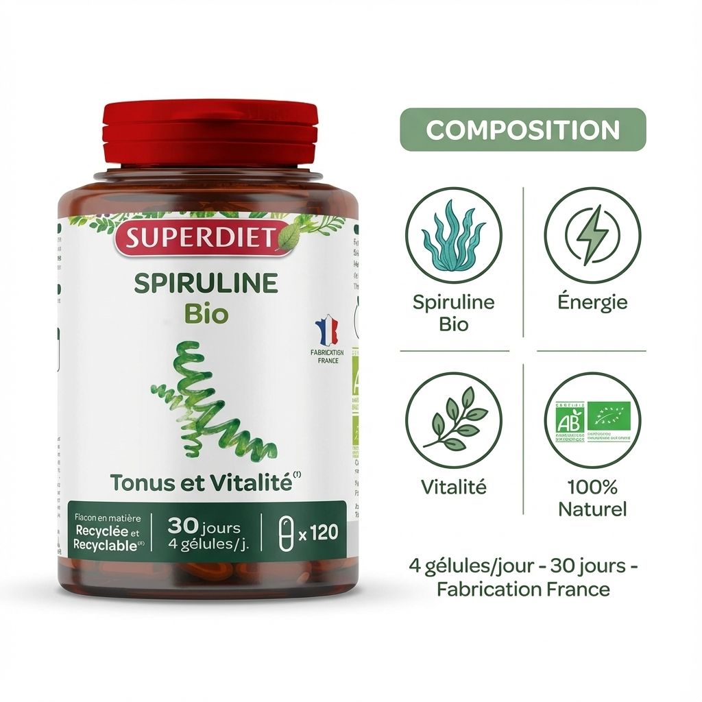 Spiruline Bio 120 gélules Superdiet - flacon verre brun avec composition naturelle et informations nutritionnelles