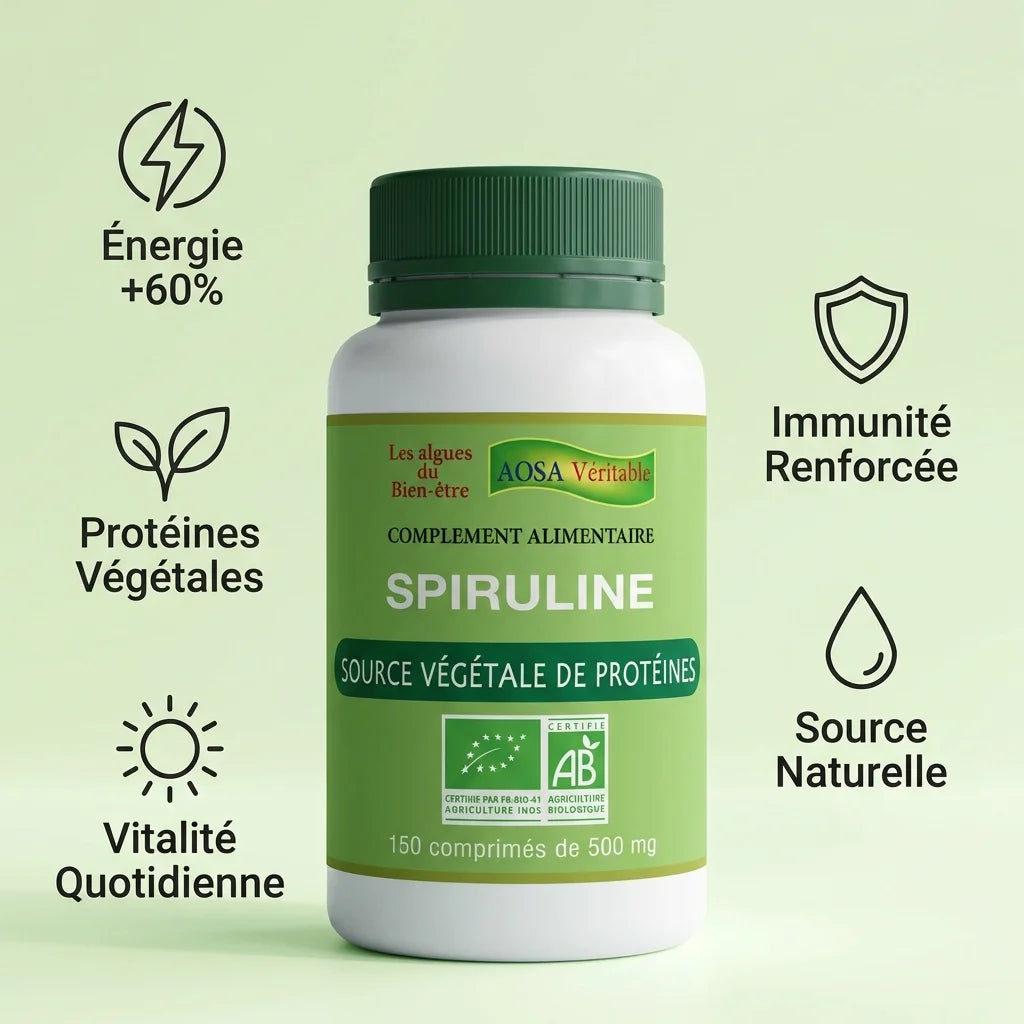 Spiruline bio Aosa 150 comprimés avec infographie bénéfices santé et certifications organiques